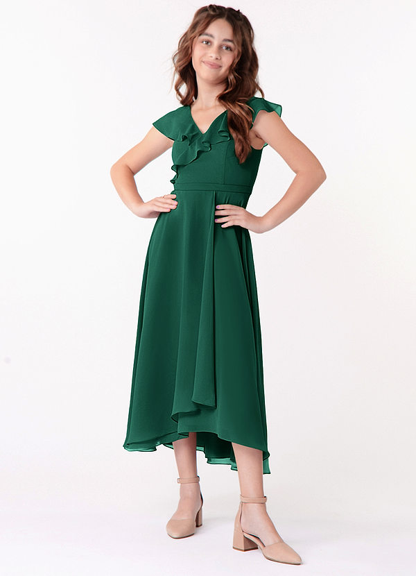 Azazie Posie Junior Emerald A-Line Ruched Chiffon Dress image1