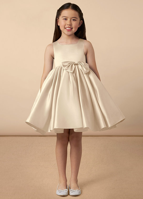 Azazie Bo Peep Flower Girl Dresses Champagne A-Line Bow Matte Satin Dress image1