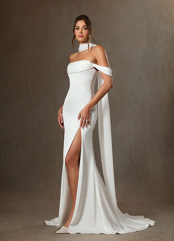 Azazie Blithe Wedding Dresses Diamond White Sheath Side Slit Stretch Satin Dress image1