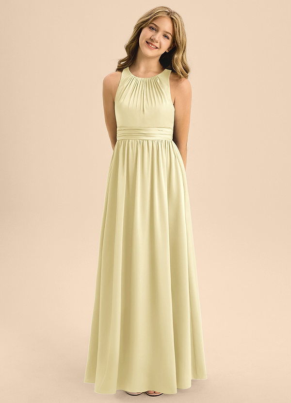 Azazie Jaylah Junior Lemon Sorbet A-Line Pleated Stretch Satin Dress image1