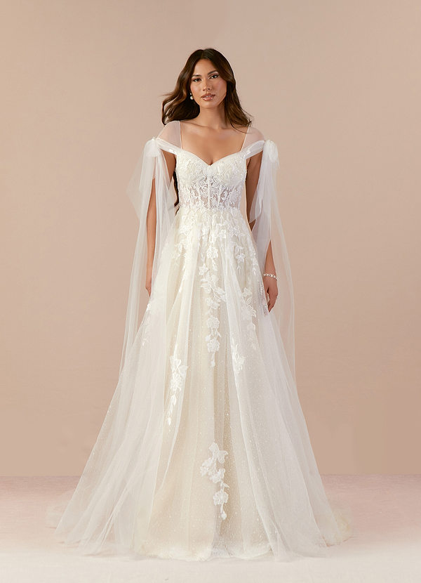 Azazie Ziza Wedding Dresses A-Line Lace Tulle Chapel Train Dress image1