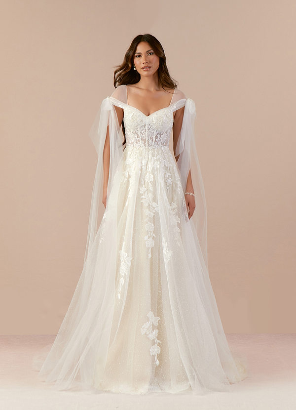 Azazie Ziza Abiti da Sposa Abito A-Line in Tulle Pizzo Bianco Diamante Champagne image1