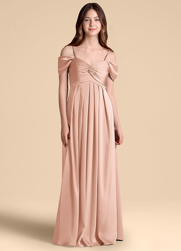 Azazie Kaitlynn Junior Rose Gold A-Line Off the Shoulder Stretch Satin Dress image1