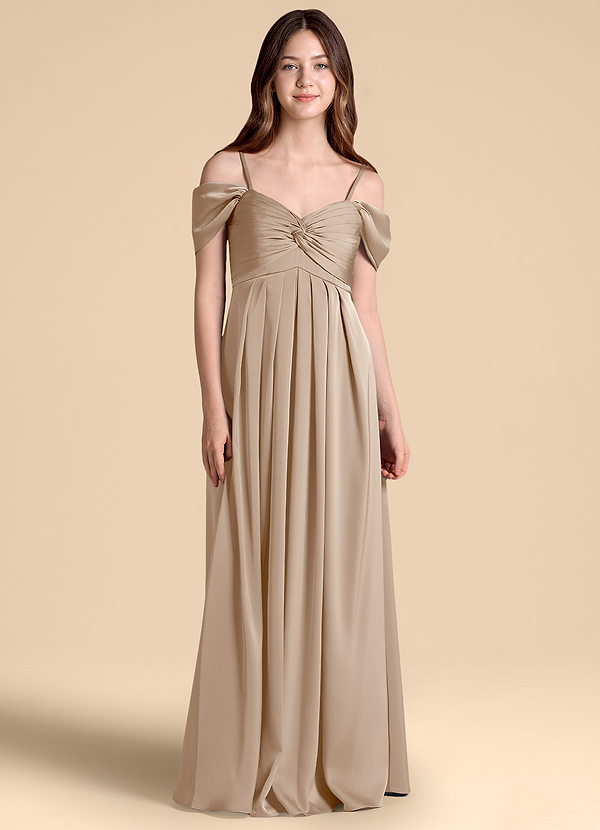 Azazie Kaitlynn Junior Vestido de Gris Pardo de Satén Elástico de Corte en A con Vestidos sin tirantes image1