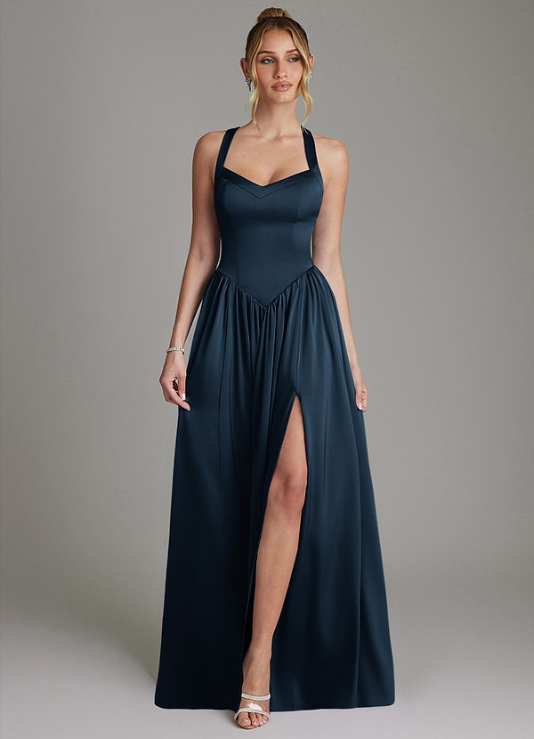 Azazie Francis Vestidos de dama de honor Vestido Azul Marino Oscuro de Satén Elástico de Línea A con Corsé image1