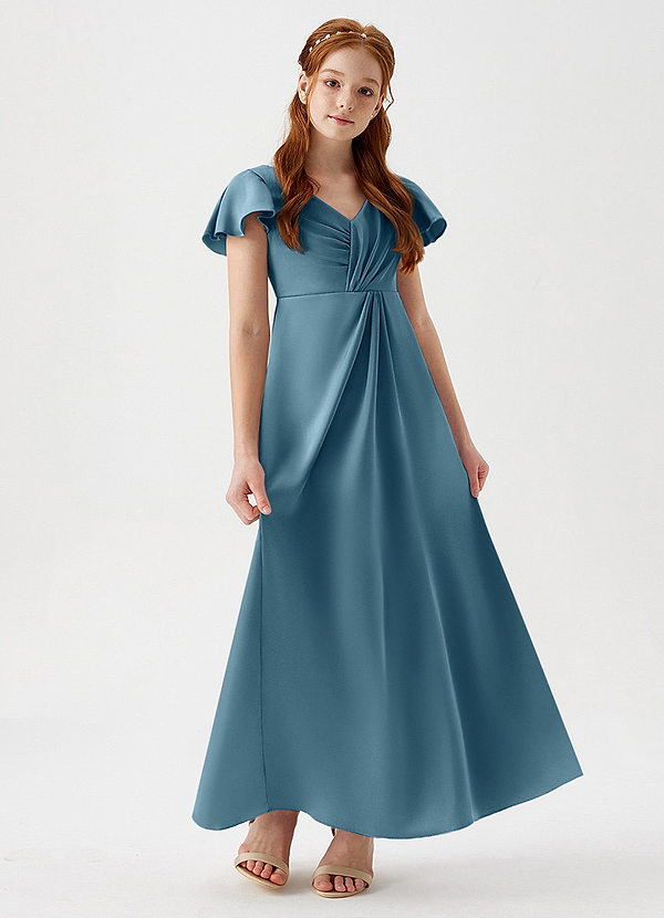 Azazie Soren Junior Bermuda A-Line Ruched Stretch Satin Dress image1
