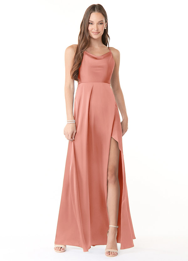 Azazie Naomie Bridesmaid Dresses Coral A-Line Cowl Neckline Side Slit Stretch Satin Dress image1