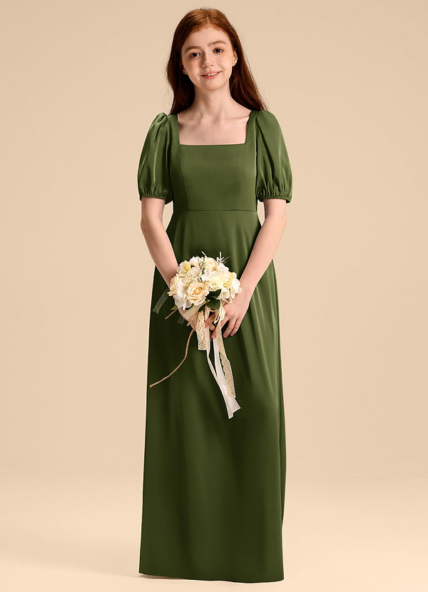 Azazie Briar Junior Robe Trapèze en Satin extensible Arc Olive image1
