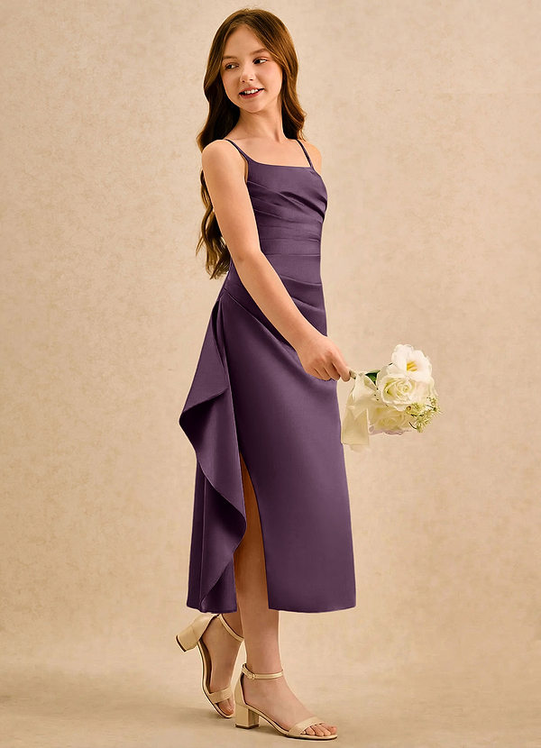 Azazie Canna Girls Formal Sukienki dla dziewczynek sypiących kwiaty Linia A Pofałdowany Satyna elastyczna Długość herbaty Sukienka image1