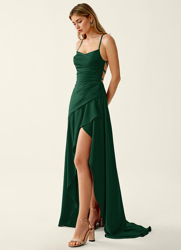 Annabella Rose Smaragdgroen Satijnen galajurk met vetersluiting op de rug image1