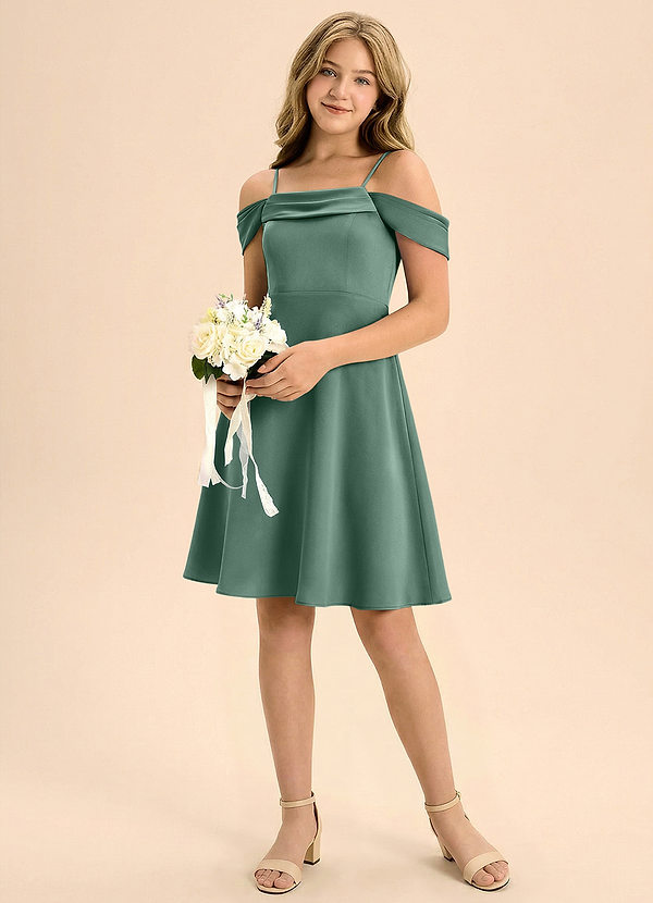 Azazie Anselie Junior Vestido de Eucalipto de Satén Elástico de Corte en A con Plisado image1