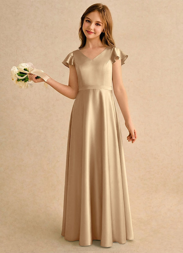 Azazie Nari Girls Formal Kukkaistyttöjen mekot A-linja hihoilla Joustava satiini Lattian pituus Pukeutua image1