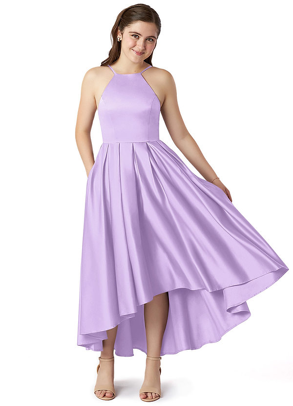 Azazie Jemima Junior Lilac A-Line with Pockets Stretch Satin Dress image1