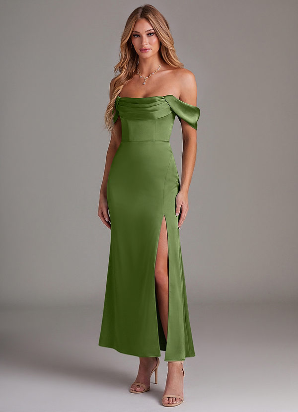 Azazie Saige Brautjungfernkleider Meerjungfrau-Linie Schulterfrei Stretch-Satin Kleid Wacholder image1