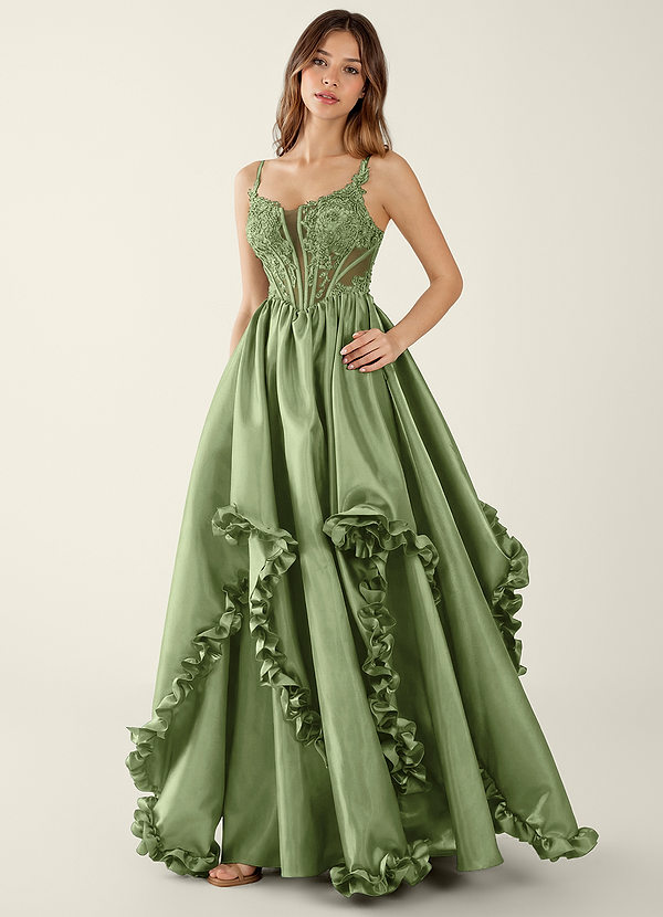 Halley Basilikum A-Linien-Abendkleid mit V-Ausschnitt, Spitzenkorsett image1