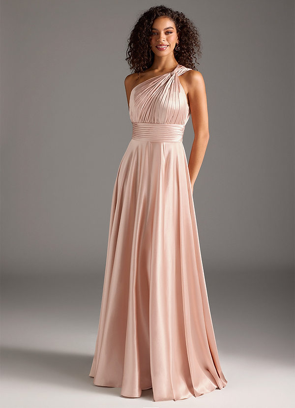 Azazie Charlize Bridesmaid Dresses English Rose A-Line One Shoulder Metallic Satin Dress image1