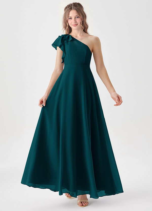 Azazie Arabella Junior Robe Trapèze en Mousseline de soie Rayé Vert Pin image1