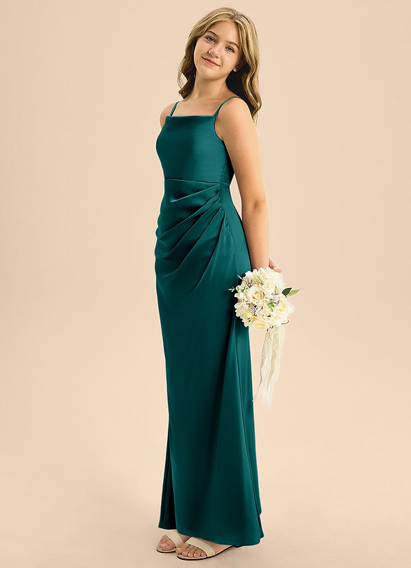 Azazie Renna Junior Peacock A-Line Pleated Stretch Satin Dress image1