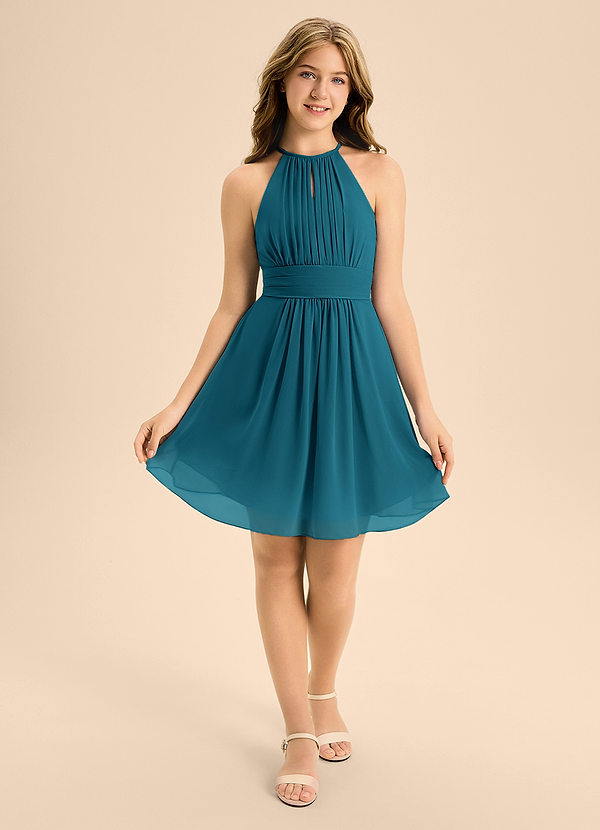 Azazie Bonnie Junior A-Linie Plissee Chiffon Kleid Tintenblau image1