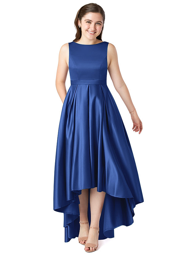 Azazie Inaya Junior Royal Blue A-Line with Belt Stretch Satin Dress image1