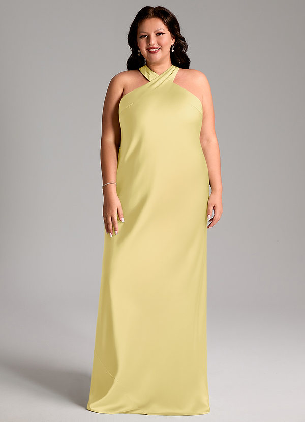 Azazie Doretta Brautjungfernkleider Meerjungfrau-Linie Plissee Stretch-Satin Kleid Zitronensorbet image1