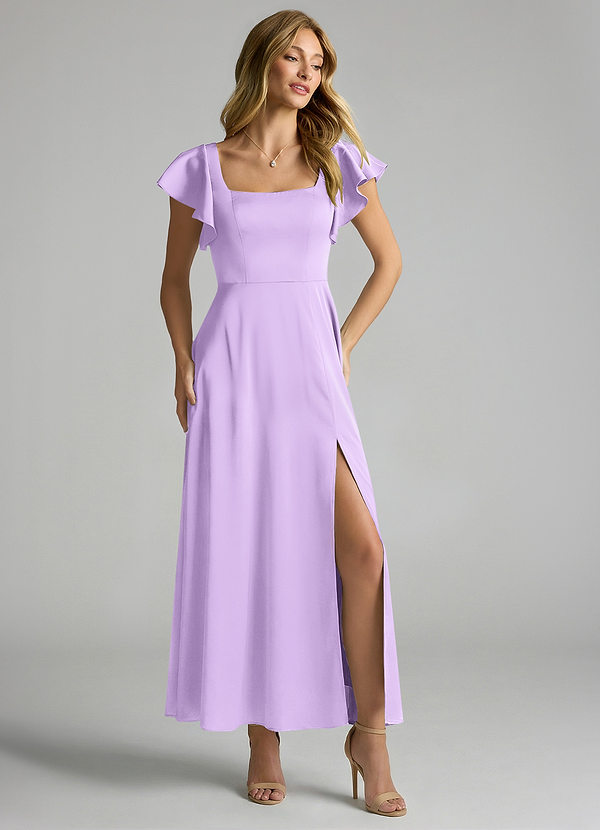 Azazie Bondi 신부 들러리 드레스 A라인 셔링 스트레치 새틴 발목 길이 드레스 image1