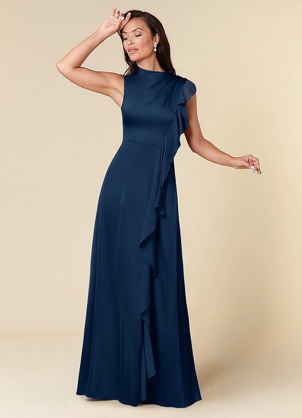 Azazie Narine Vestidos de Madre de la Novia Vestido de Azul Marino Oscuro de Satén Elástico de Corte En A con Escote alto plisado image1