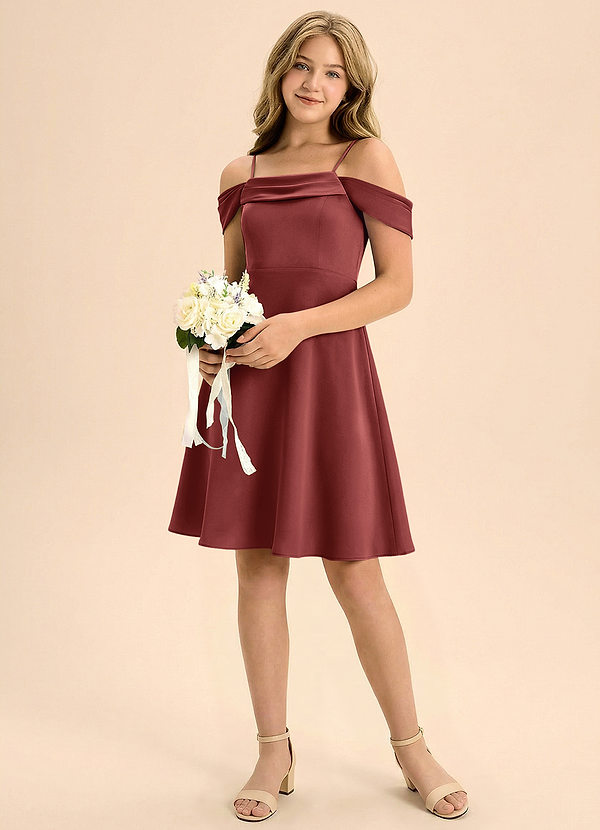 Azazie Anselie Junior Terracotta A-Line Off the Shoulder Stretch Satin Dress image1