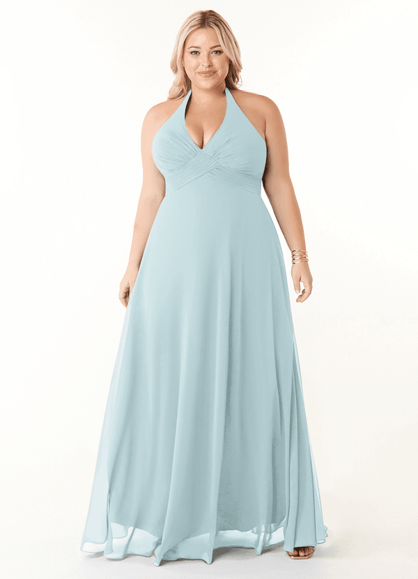 Azazie Tessie Brautjungfernkleider A-Linie V-Hals Gefaltet Chiffon Kleid Nebel image1