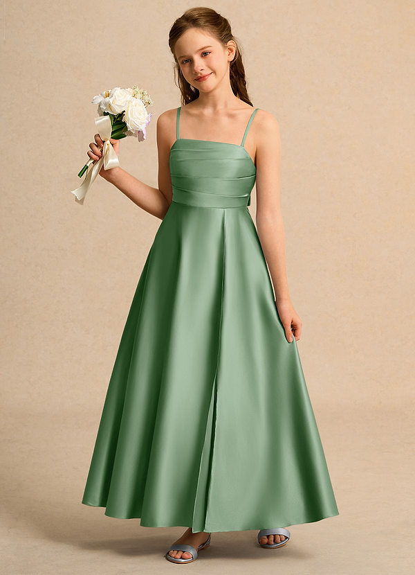 Azazie Pebbles Junior Formal Flower Girl Dresses Matcha A-Line Pleated Matte Satin Dress image1