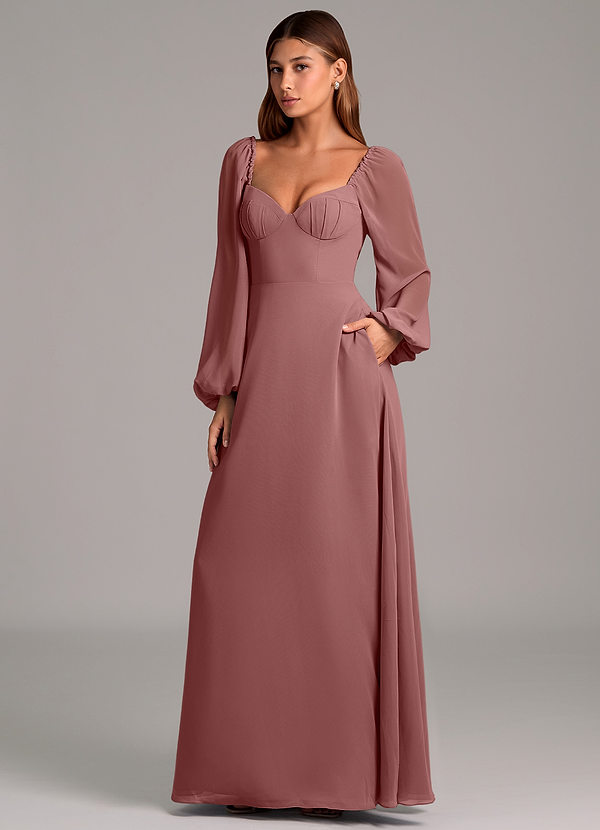 Azazie Annistyn 신부 들러리 드레스 A라인 긴팔 쉬폰 바닥 길이 드레스 image1