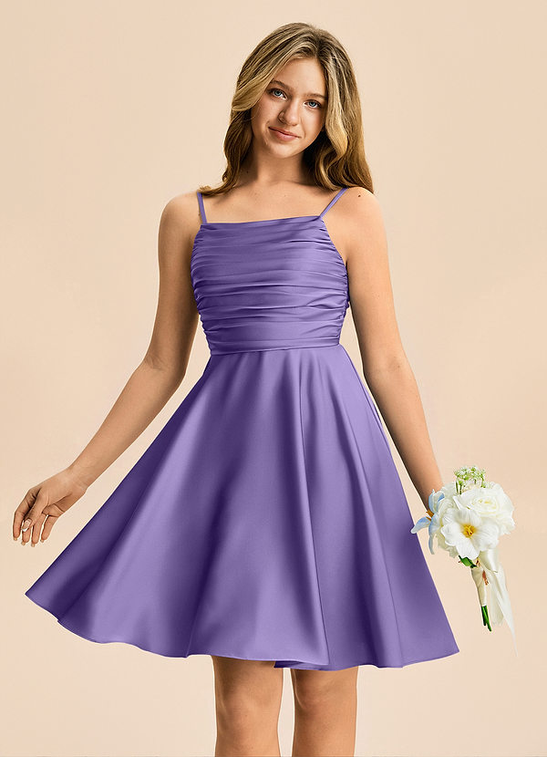 Azazie Miko Junior Tahiti A-Line Pleated Stretch Satin Dress image1