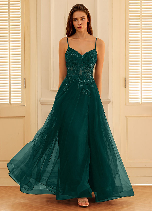 Quinne Verde Scuro Abito da ballo in tulle trasparente con strass image1