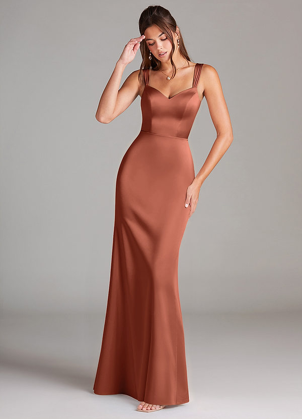 Azazie Denice Robes Demoiselle d'honneur Robe Fourreau en Satin extensible Plissée Argile image1
