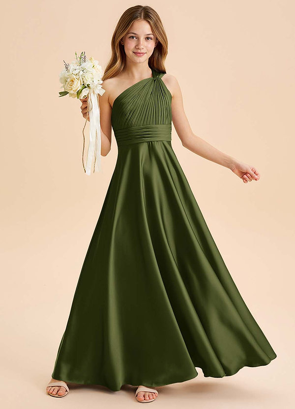 Azazie Charlize Junior Abito A-Line in Raso Elasticizzato Plissettato Oliva image1