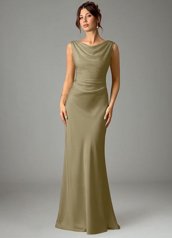 Azazie Kieryn Bridesmaid Dresses Moss Green Mermaid Pleated Stretch Satin Dress image1