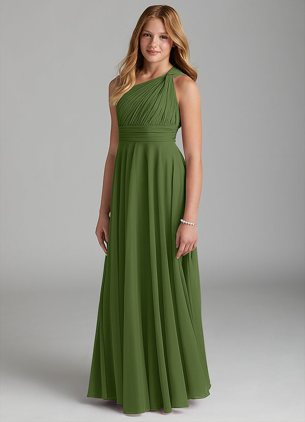 Azazie Charlize Junior Olive A-Line Mesh Dress image1