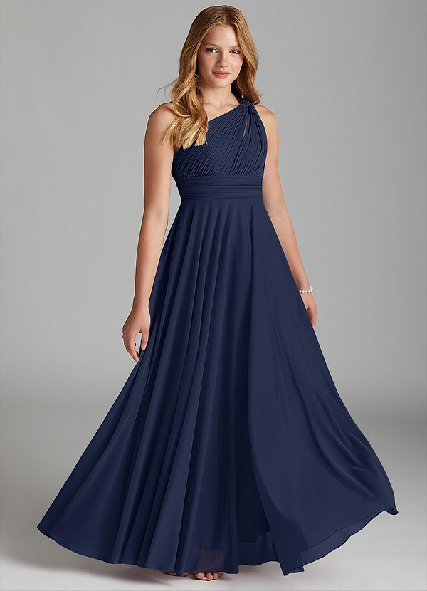 Azazie Charlize Junior Dark Navy A-Line Mesh Dress image1