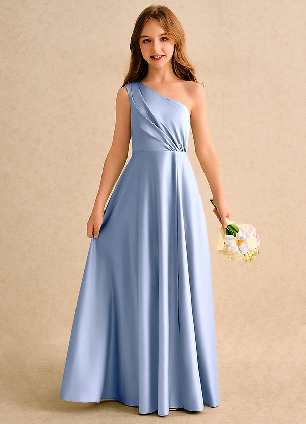 Azazie Puddles Girls Formal Blumenkinder Kleider A-Linie One-Shoulder Matte Satin Kleid Eis image1