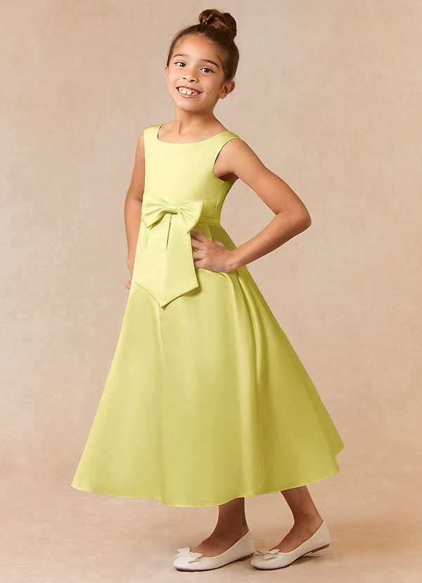 Azazie Lindy Blumenkinder Kleider A-Linie Plissee Matte Satin Kleid Zitronensorbet image1