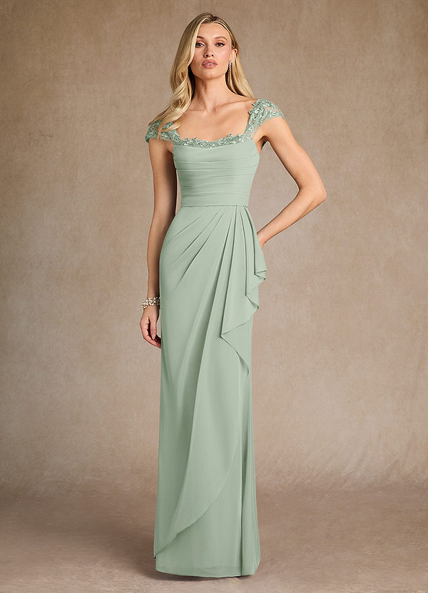 Azazie Belfast Mother of the Brides Dresses Dusty Sage Sheath Lace Mesh Dress image1