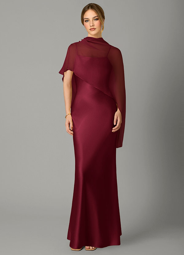 Azazie Jaleesa Bridesmaid Dresses Burgundy Sheath High Neck Stretch Satin Dress image1