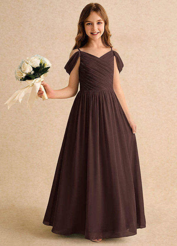 Azazie Chelo Girls Formal Robes de Fillette d'Honneur Robe Trapèze en Mousseline de soie Plissée Ganache image1