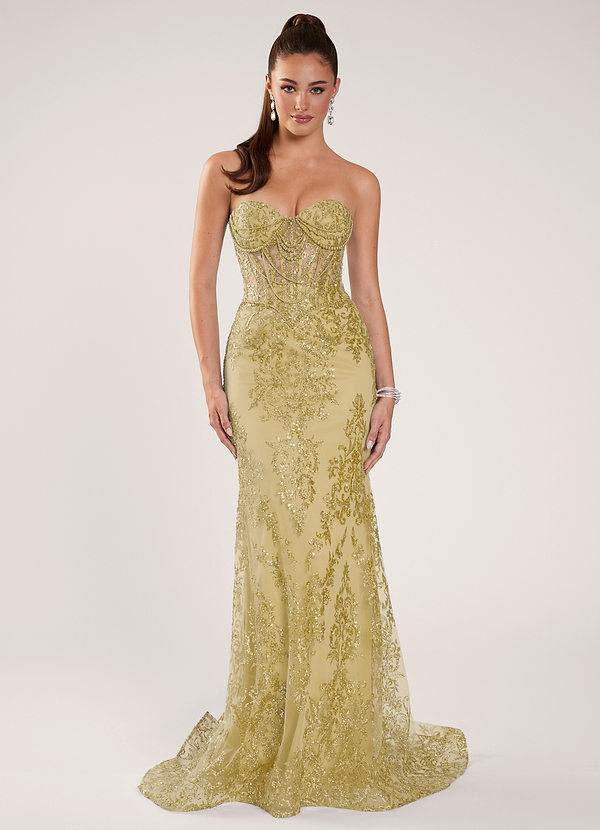 Zeoga Yellow Sequins Beading Mesh Prom Dress image1