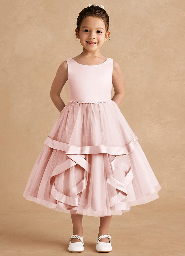 Azazie Posy Blumenkinder Kleider A-Linie Mit Perlen Tüll Kleid Zartrosa image1