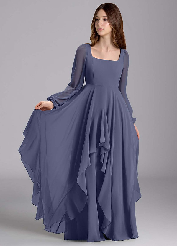 Azazie Clara Junior Abito A-Line in Chiffon Blusa Stormy image1