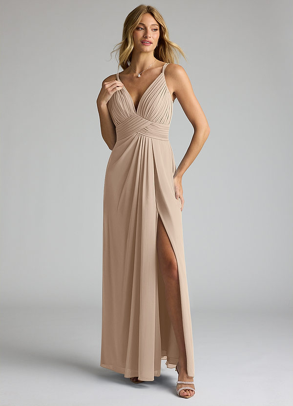 Azazie Maren Allure Brautjungfernkleider A-Linie V-Hals Spitze Chiffon Kleid Taupe image1