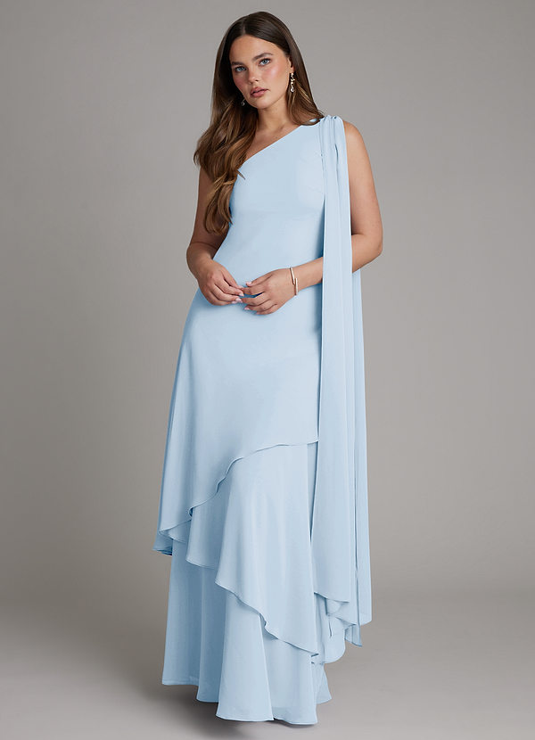 Azazie Monique 신부 들러리 드레스 A라인 한쪽 어깨 쉬폰 바닥 길이 드레스 image1