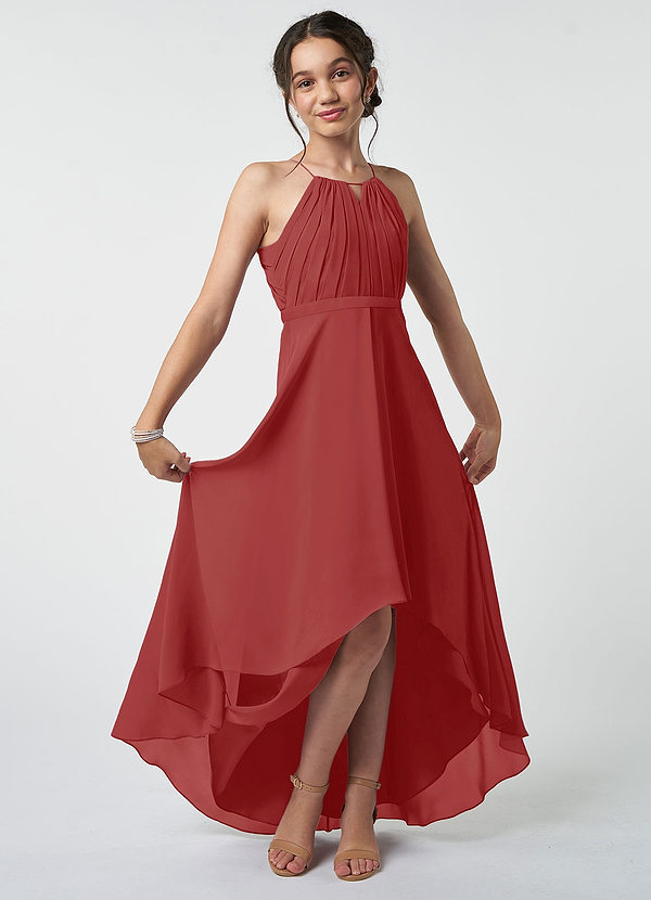 Azazie Oaklynn Junior Robe Trapèze en Mousseline de soie Plissée Rouille image1