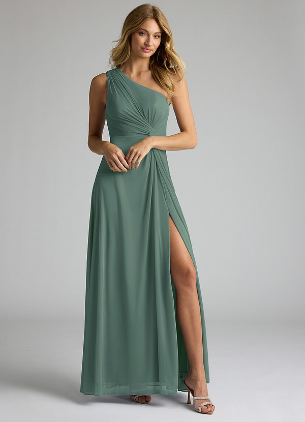 Azazie Brooke Bridesmaid Dresses Eucalyptus A-Line One Shoulder Mesh Dress image1